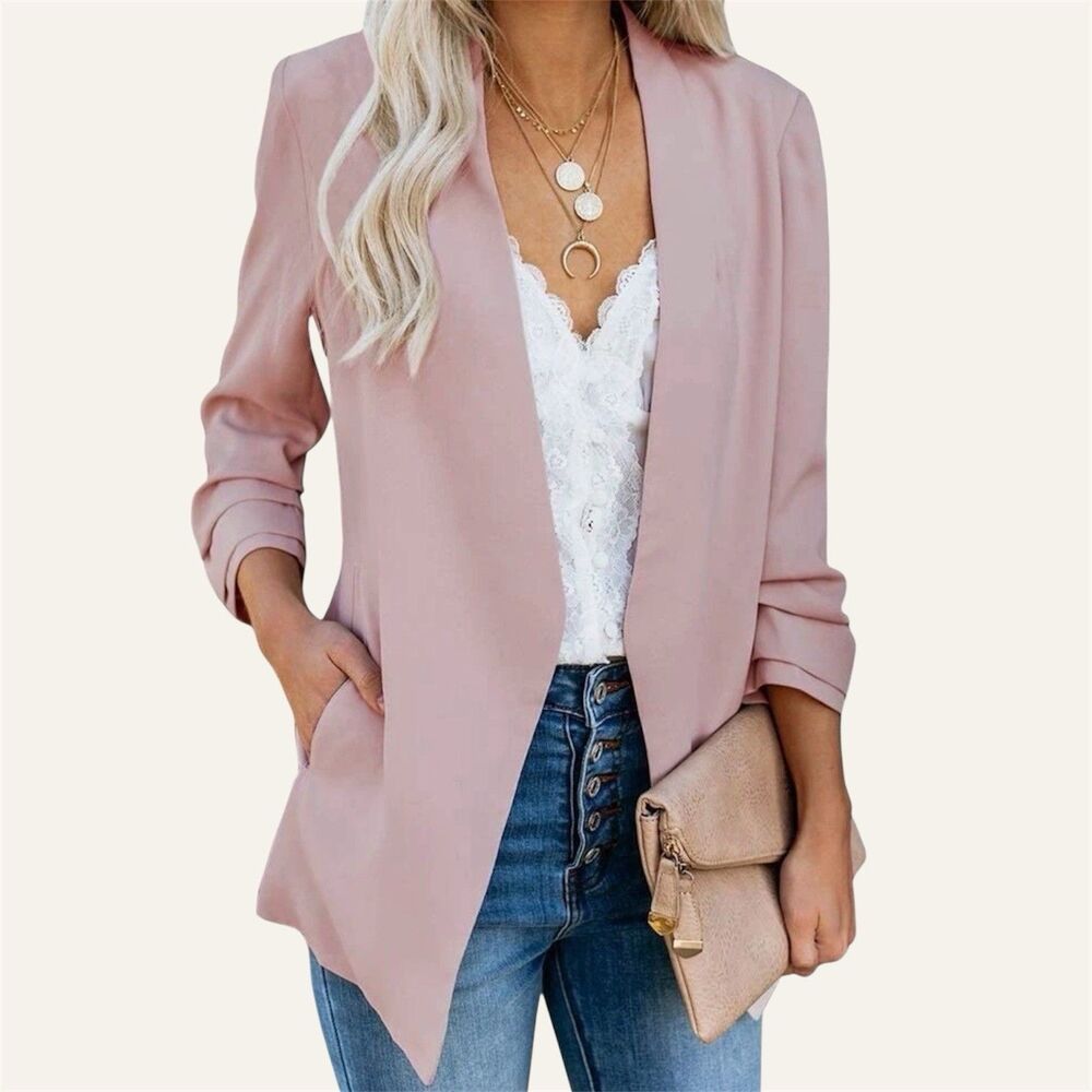 Women’s Casual Blazer Ruched 3/4 Sleeve Open Front Relax Fit Office Pink Small
